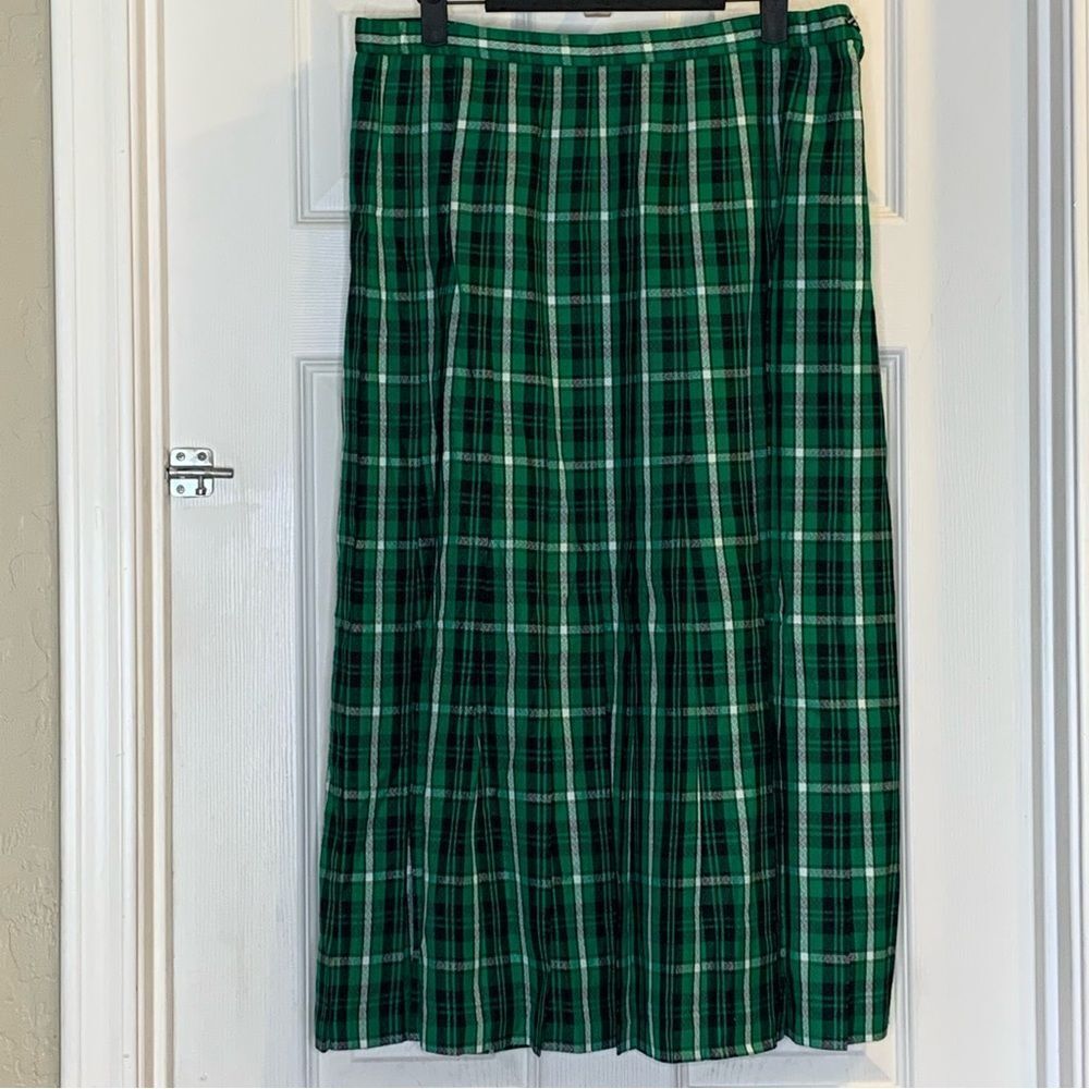 Vintage Pendleton Green Black Plaid Wool Pleated Skirt VTG Size 14 Tartan Midi L